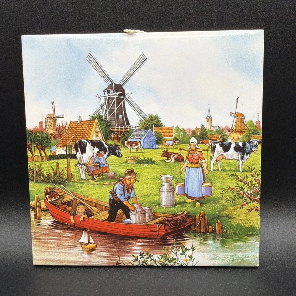 A Holland Decorative Tile/ Ter Steege BV Windmill Farm Cows Milkmaid Boat 6" Sq